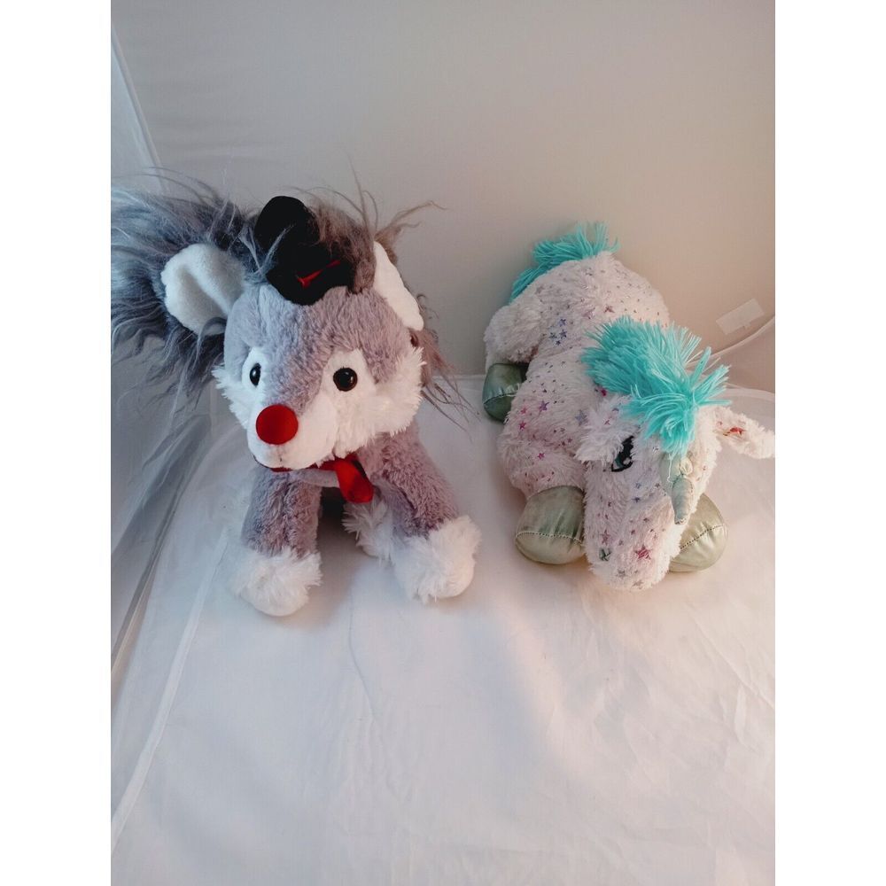 DAN DEE 12" Gray Stuffed Plush Dog Plaid Bow & Multicolor Horse  VERY RARE - Lot